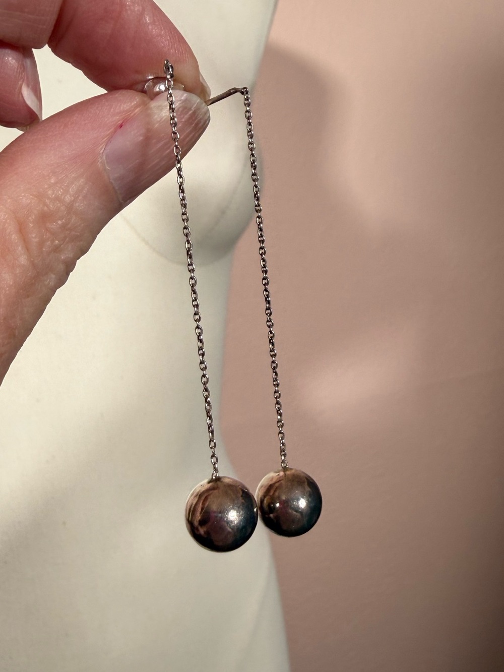 Vintage Sterling silver minimalist long chain sphere modernist earrings